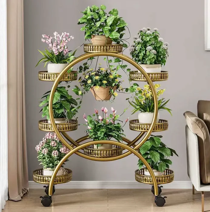 Balcony Living Room Flower Stand, Wrought Iron Multi-layer Pulley Model, Floor-to-ceiling 8-layer Reinforced Green Dill Stand