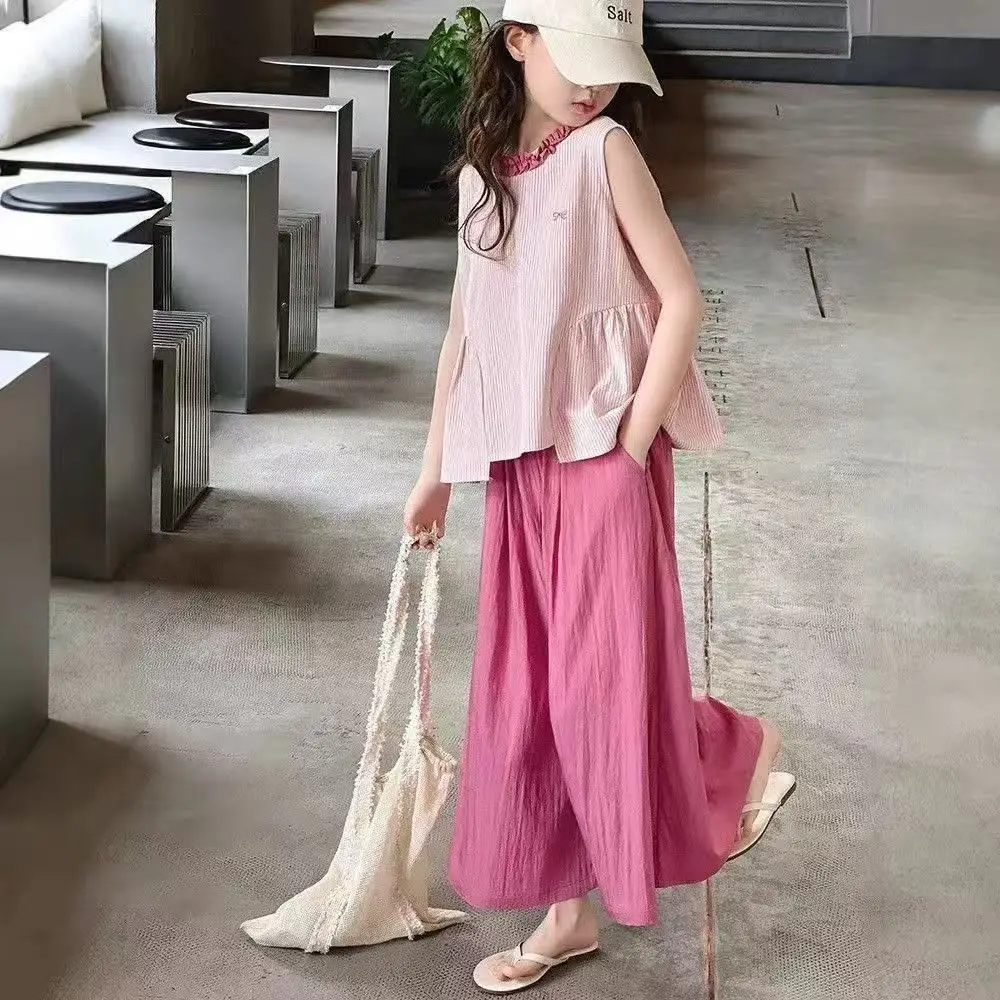 2026 summer child teens Girl Cloth set striped tank vest top sleeveles T-shirt + loose full wide leg pants 4 5 12 9 8 10 Year