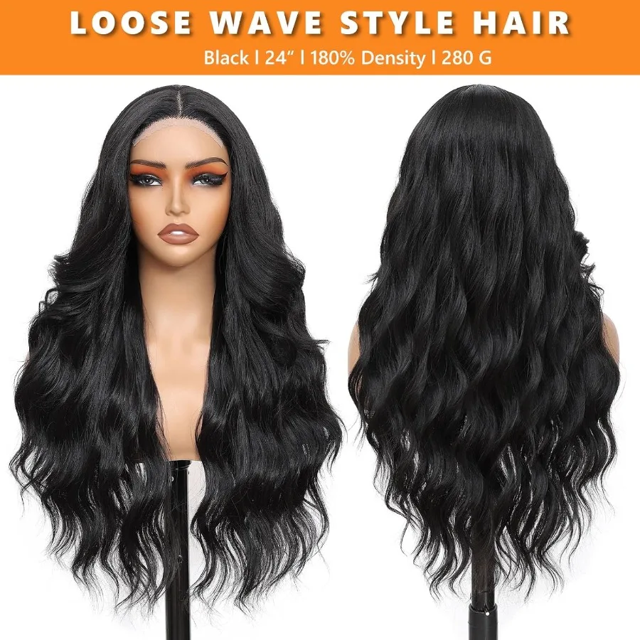 باروكة صناعية طويلة مموجة من الجزء الأوسط مقاومة للحرارة مع خط شعر دانتيل 4 × 1 للنساء مثالية للارتداء اليومي والمناسبات الحفلات 24