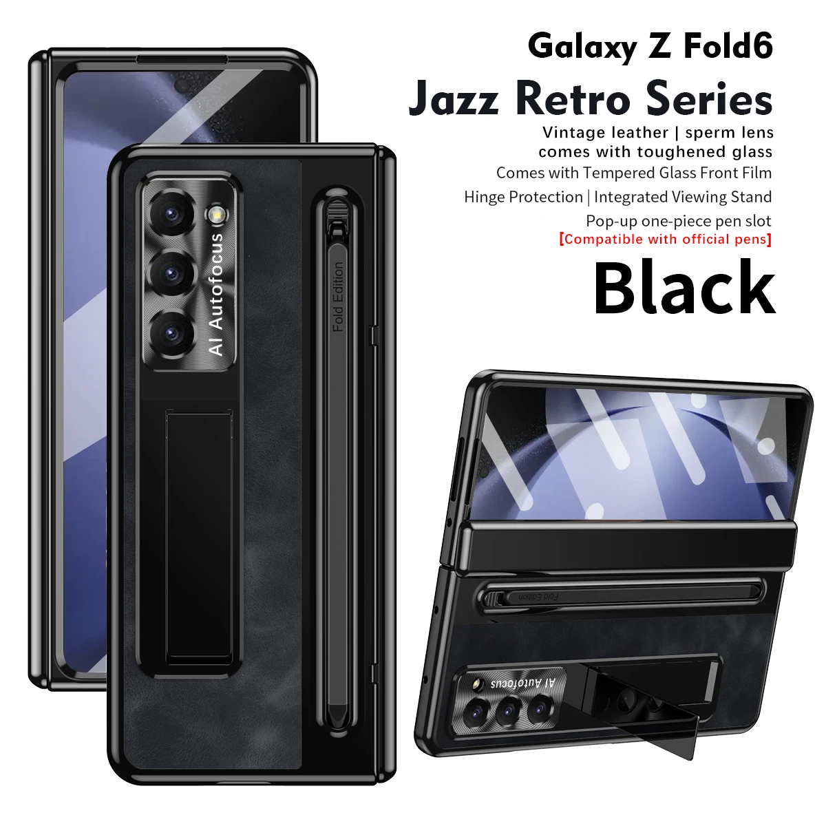 Vintage Leather Phone Case for Samsung Galaxy Z Fold 6 5 4 3 Fold6 Fold5 Fold4 Fold3 with Kickstand Protective Cover (No Pen)