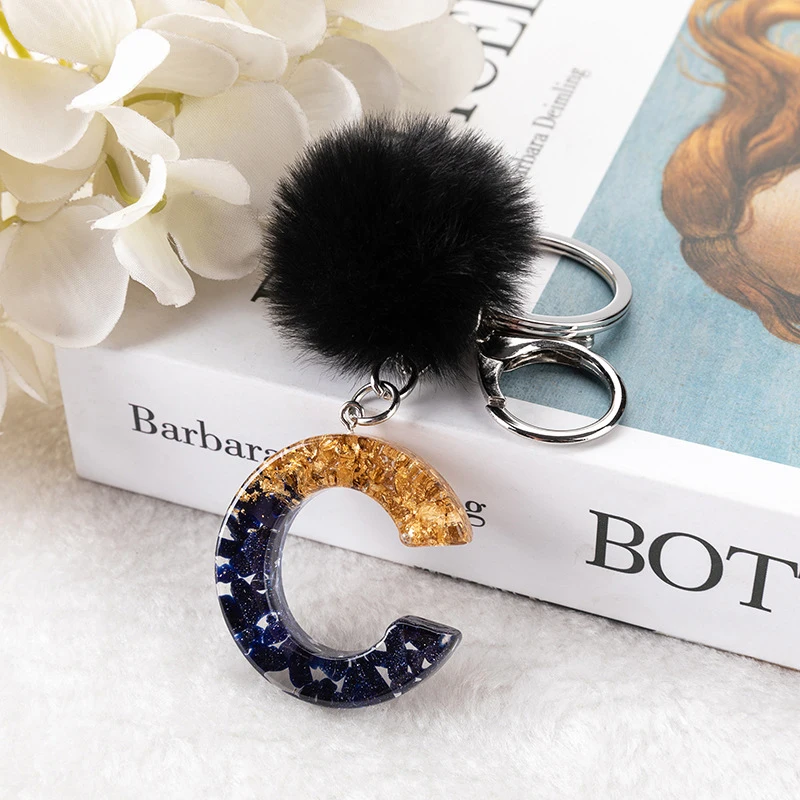 Black Gold A-Z Initial Alphabet Letter Keychain With Plush Pompom Resin Sequin Initial Keyring Women Bags Charms Car Key Chain