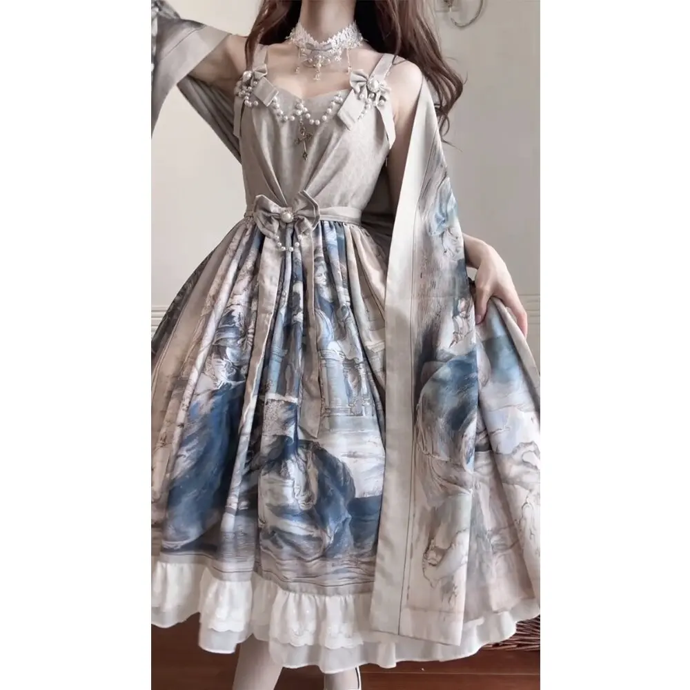 

Retro Sweet Elegant Oil Painting Lolita Skirt JSK Dress Shoulder Shawl Lolita Court Style Princess Dress Summer Fashion Set