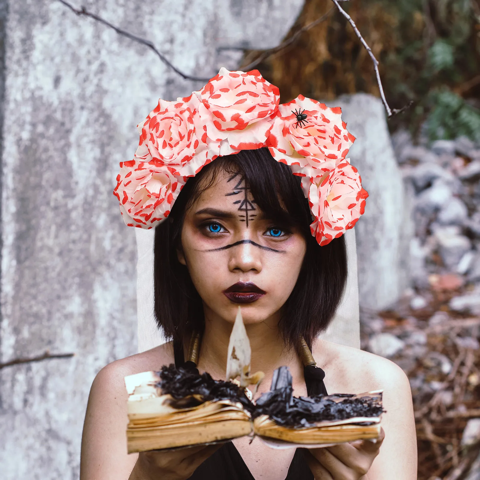 

White Bloodstained Rose Halloween Headband With Veil Gothic Hair Accessories Cosplay Party Costume Headwear