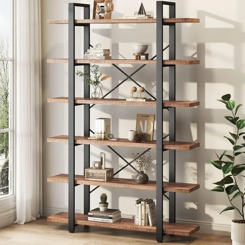 HSH Solid Wood Bookshelf, Industrial Wood and Metal Tall Large Etagere Bookcase and Storage Shelves, Rustic Open Natural Real