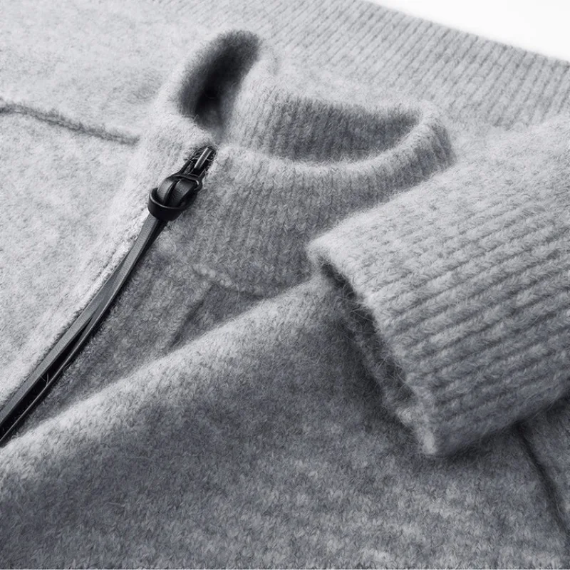 Men's High Neck Thick Knit Sweater, Zipper Detail Fleece Jacket, Winter Warm Soft Pullover, Casual Streetwear Top, Gray Black