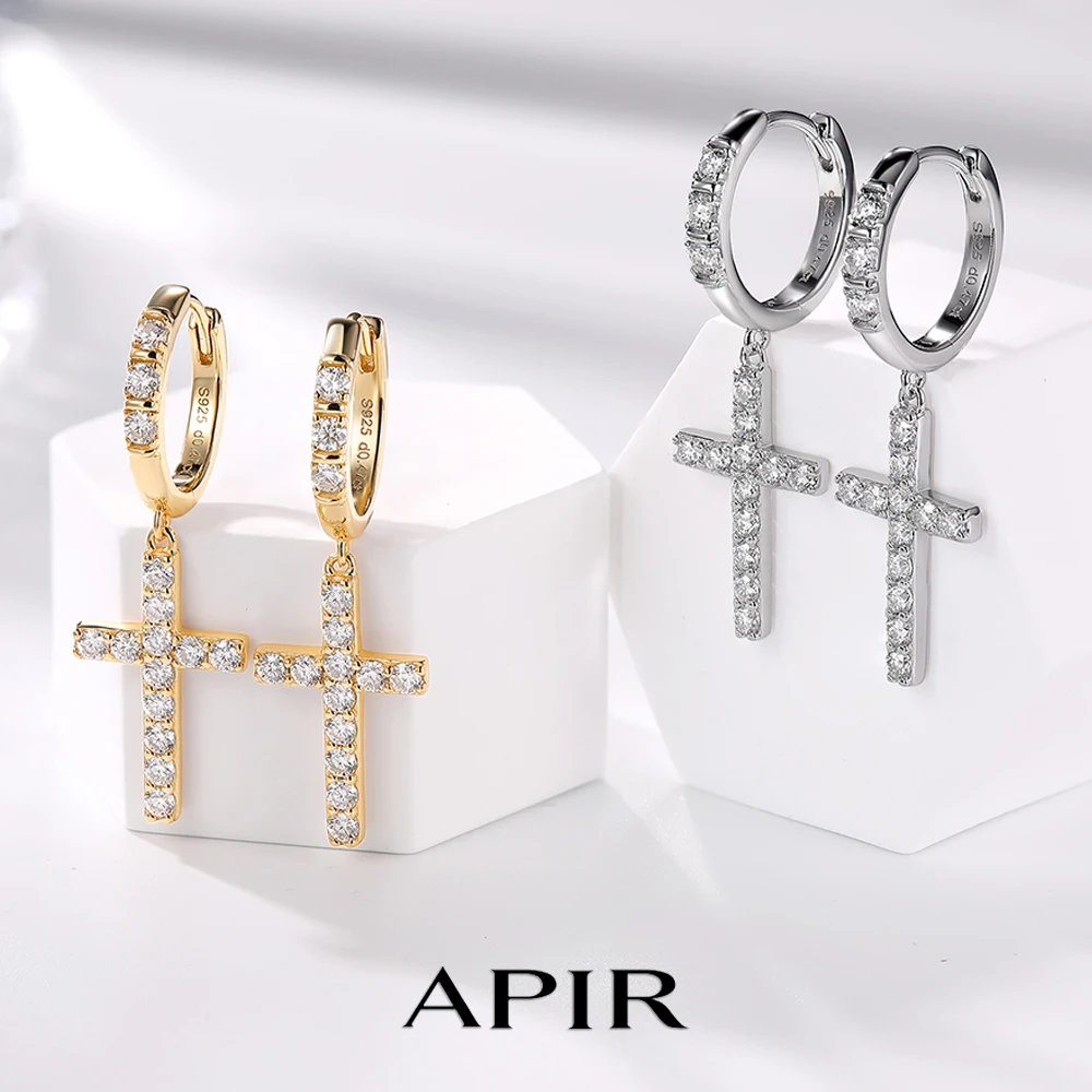 

APIR 925 Sterling Silver Claw Inlaid Moissanite Cross Women's Hoops Earrings D VVS1 Diamond Hanging Earring High Quality Jewelry