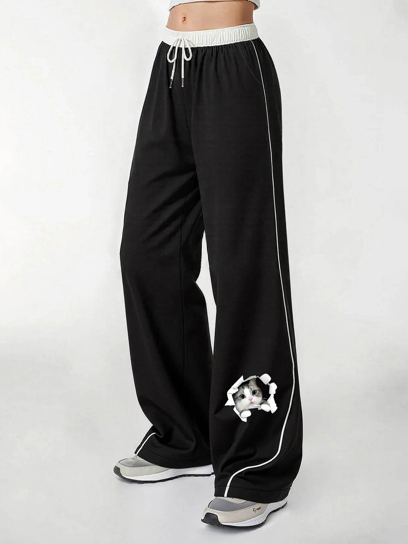 Women's Casual Pants, a Must-Have for Trendy Looks, Spring and Autumn Season, Cute and Unique Style, Ripped Cat Print Wide-Leg Pants, Side Stripe Design, Slimming and Figure-Flattering, Casual Women's Long Pants, Spring and Autumn Street Style, Women's Clothing