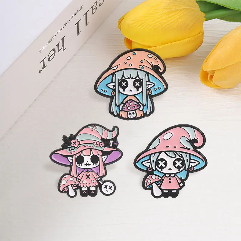 Cartoon Mushroom Witch Girl Brooch Cute Elf Halloween Metal Badge Party Gift Pin DIY Clothing Bags Shoes Hat Scarf T-shirt Jeans