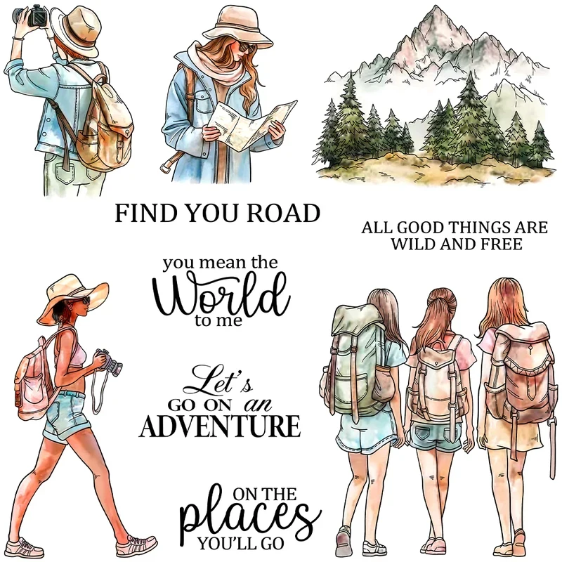 

Girls Friends Camping Trip Cutting Dies Clear Stamp DIY Scrapbooking Metal Dies Silicone Stamp Cards Albums Decor