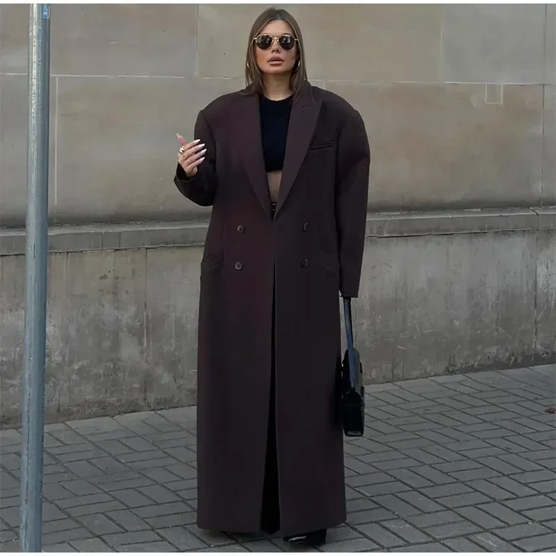 Elegant Double Breasted Padded Shoulder Overcoat Women Lapel Fashion Long Sleeve Casual Coats Fall Winter Lady High Streetwear