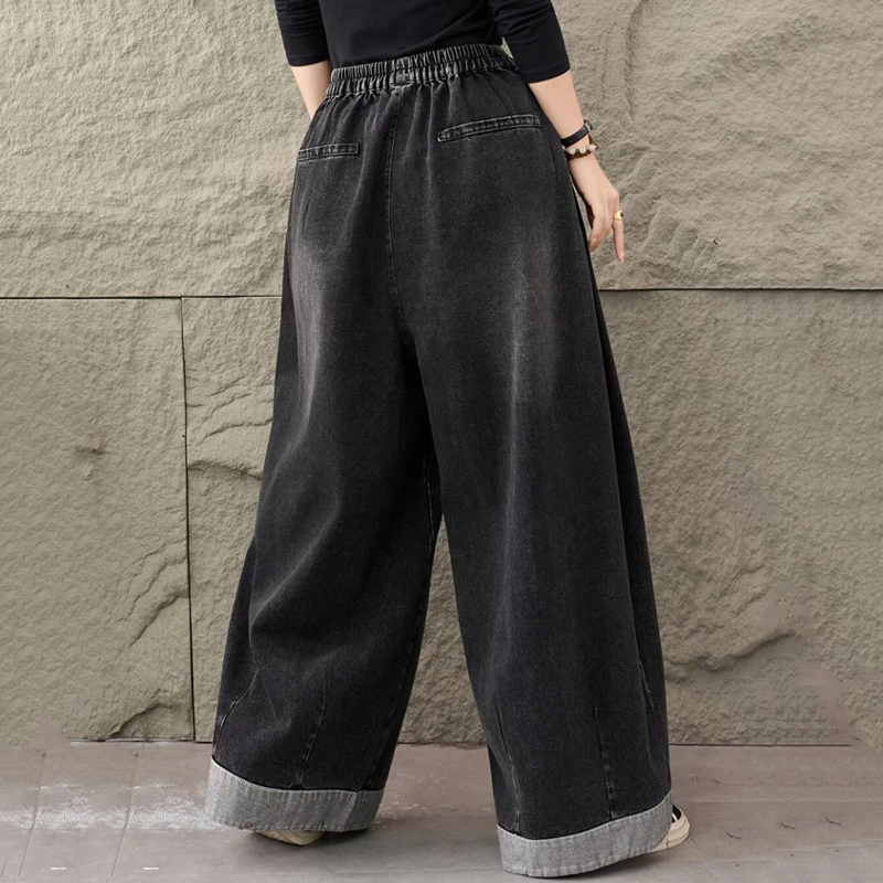 قداس واس 2025 الخريف المرأة خمر تصميم موضة فضفاض سراويل جينز الإناث الكلاسيكية جينز غير رسمي الصلبة واسعة الساق بنطلونات