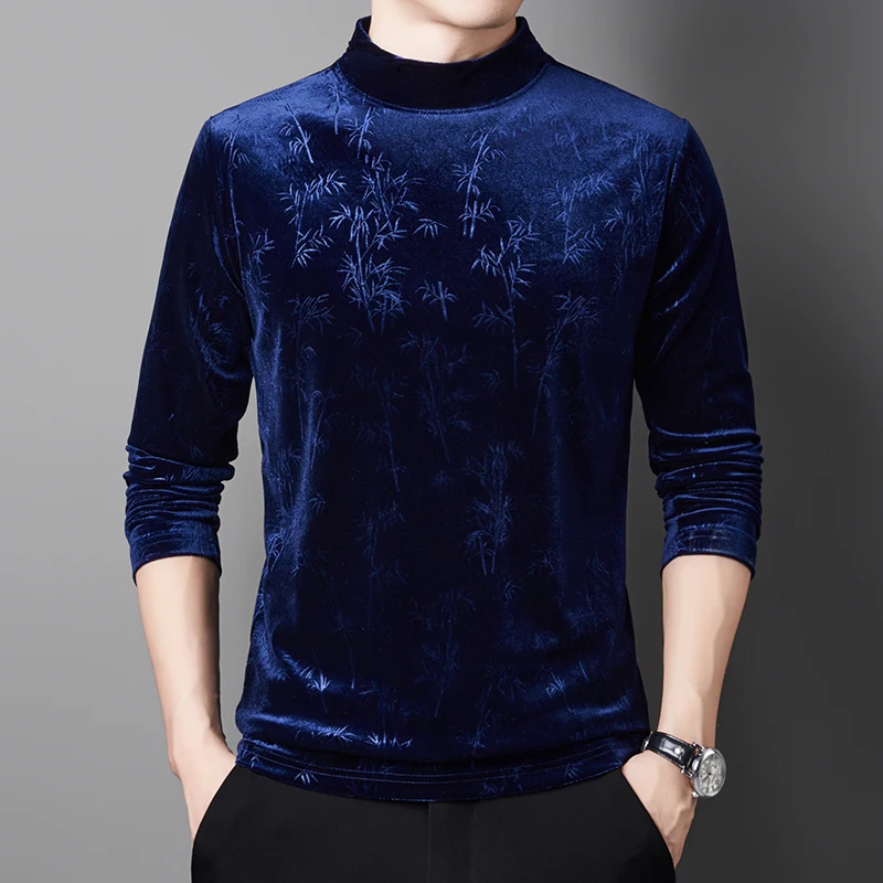 New Arrival Gold Velvet Men\'s Tees 2024 Autumn Fashion Bright Stars Silk Velvet Clothes Tops Male Mock Neck Soft Velour Shirts