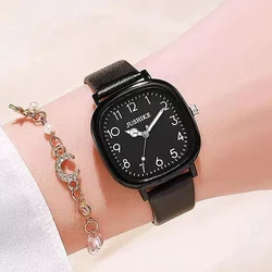 Luxury Women Quartz Watch with Bracelet PU Leather Strap Women Wristwatch Square Dial Retro Ladies Girls Fashion ins Watch