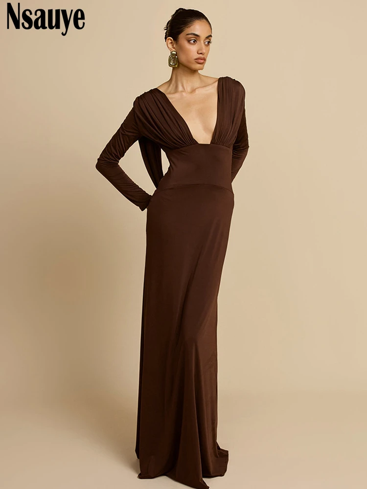 Nsauye 2025 ropa de otoño trajes nueva moda elegante mujer manga larga corte bajo Sexy Night Club Maxi vestidos de fiesta de noche