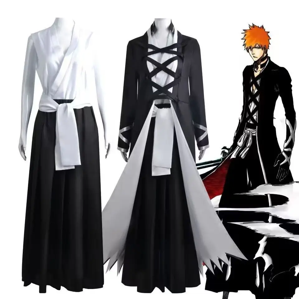 

Anime BLEACH Kurosaki Ichigo Cosplay Costume Japanese Manga Cosplay Black and White Outfit Halloween Role Play Uniform for Men