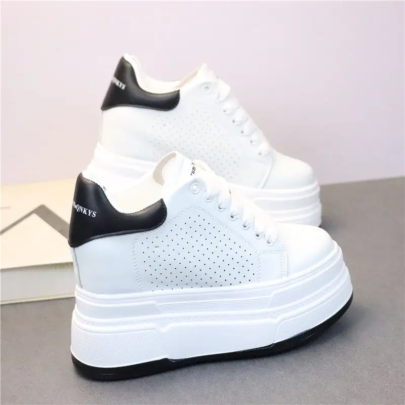 

Casual White Platform Sneakers for Women 12CM Height Increasing Leather Upper Flatform Daily Wear Shoes for Petite Girls