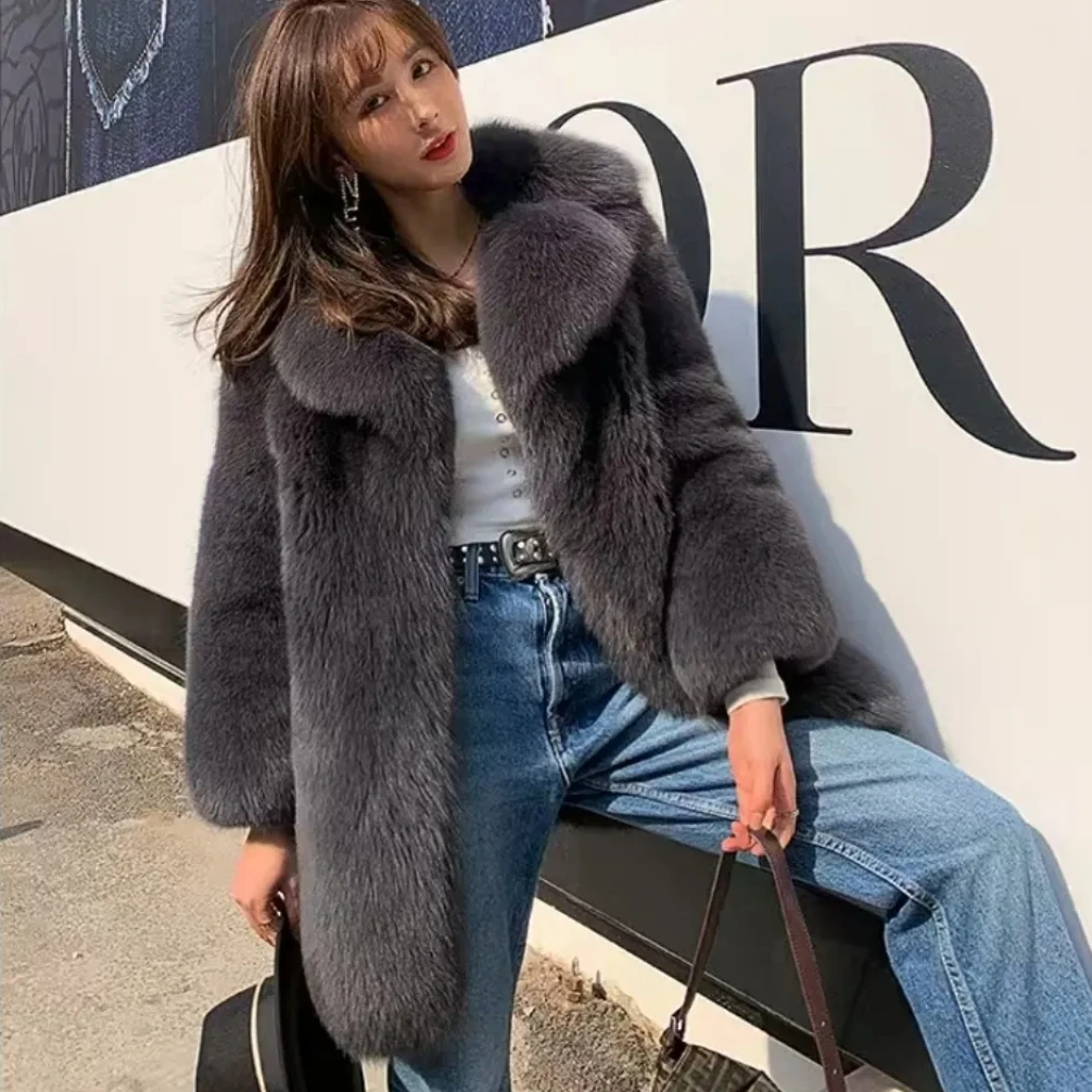 New Hot Selling Winter warmth and luxury High Quality Notched Lapel Midi Whole Fur Fox Fur Coat for Women