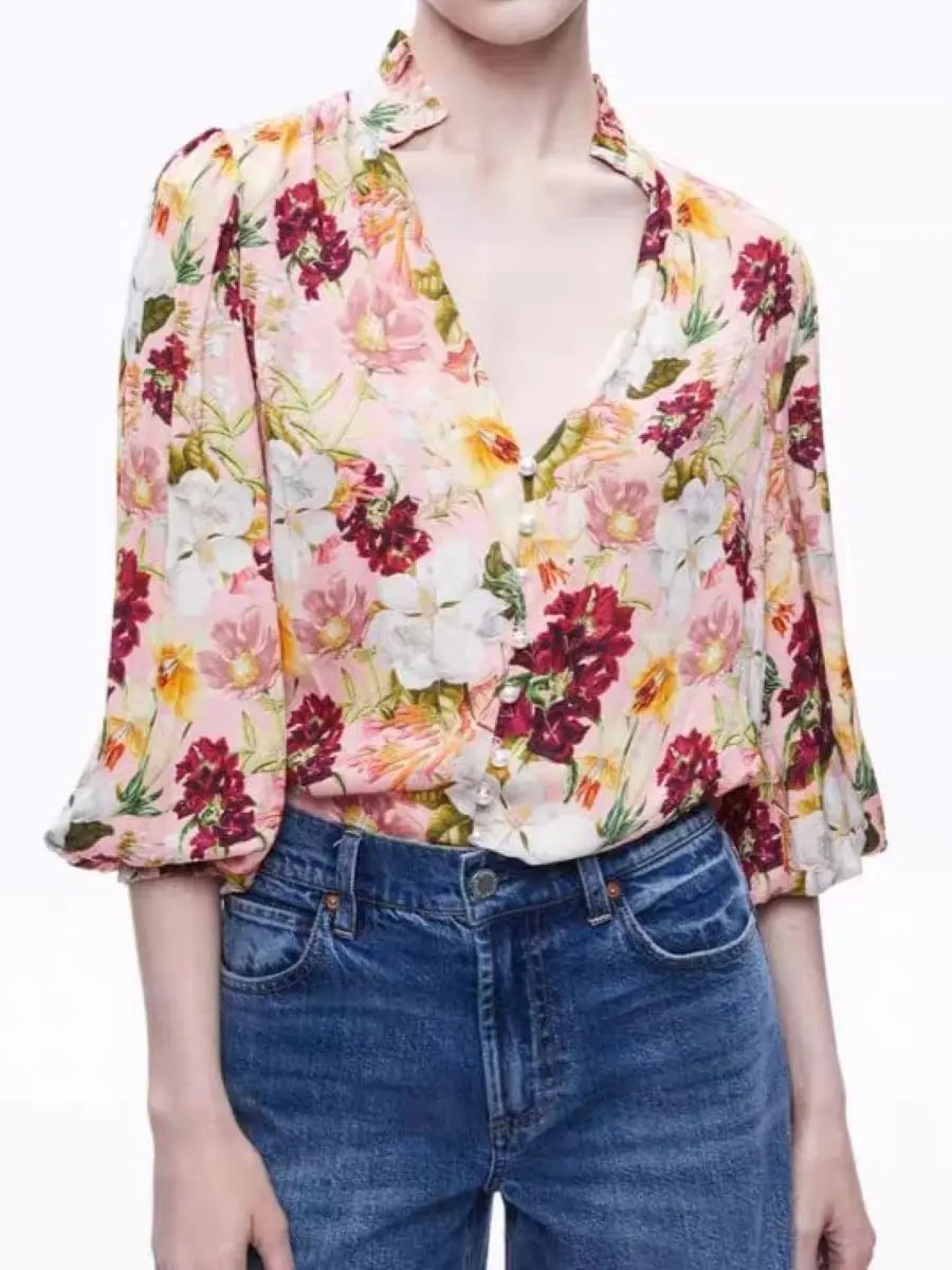 

Flower Print Women's Pink Blouse Top Pearl Buttons V-Neck Long Sleeve Elegant Ladies Shirt