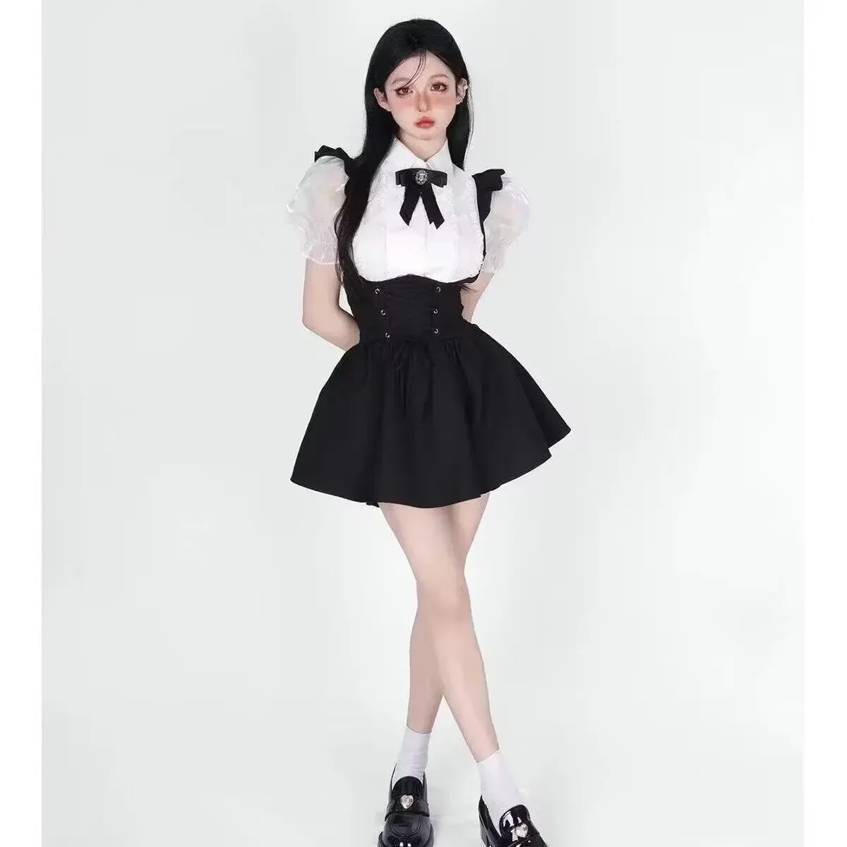 Korean Style College JK Girl Doll Collar Bow Shirt High Waist Lace-up Ruffled Sweet Lolita Strap Skirt Y2K Princess Mini Skirts