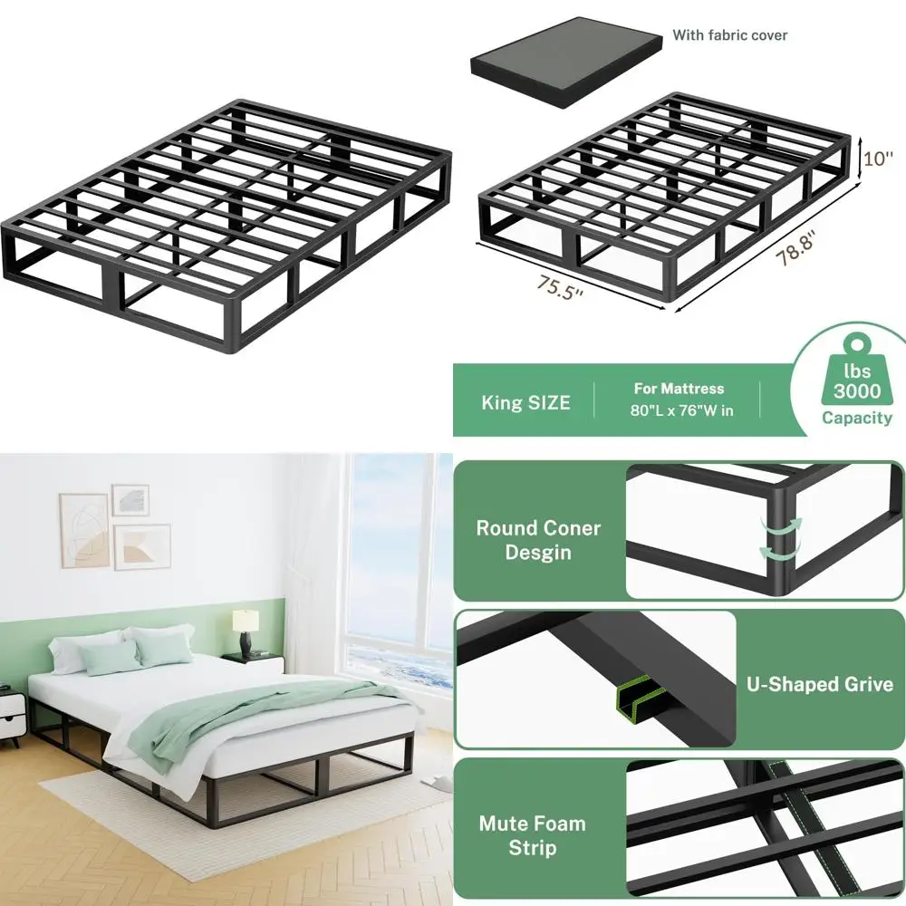

10 Inch King Size Metal Bed Frame with Round Corners and Low Platform Design, Supporting up to 3000 LBS with Heavy Duty Steel Sl