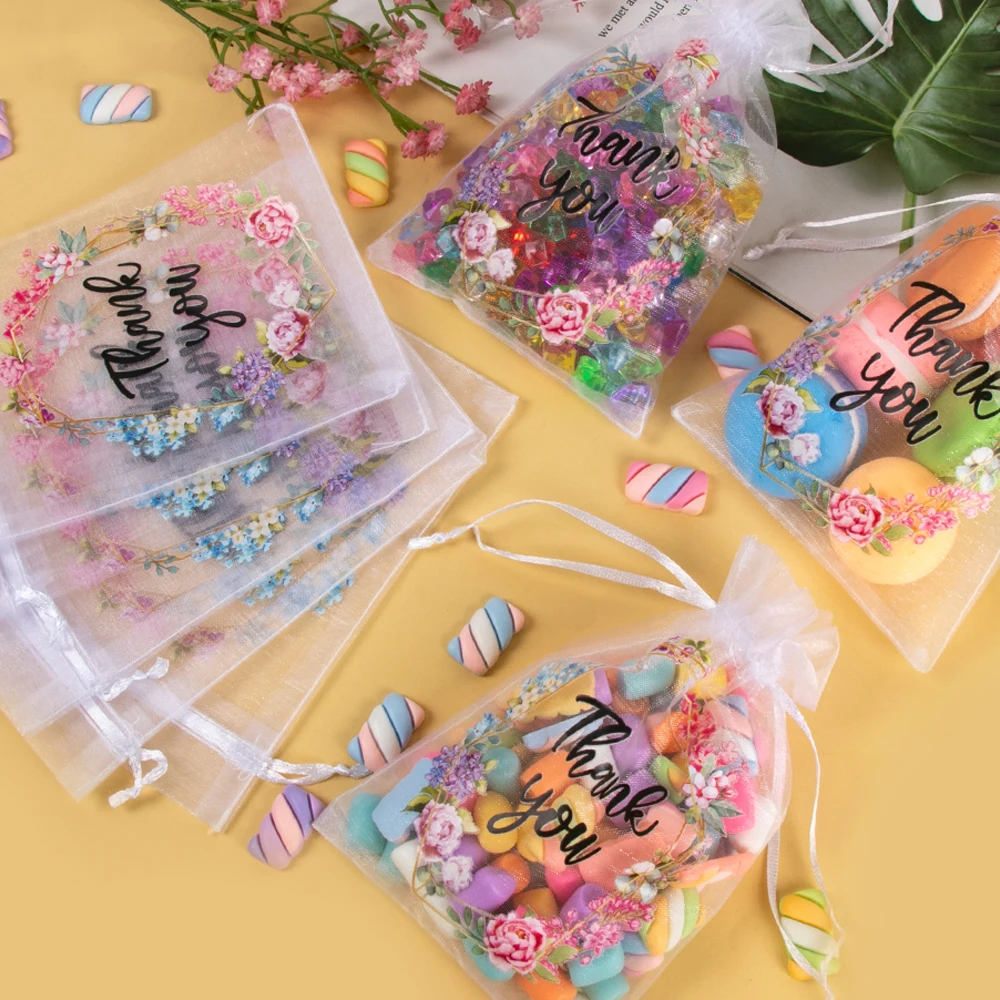 20pcs Thank You Organza Gift Bag Floral Pattern Drawstring Pouches Packaging Bags for Wedding Gift Storage Baby Shower Supplies
