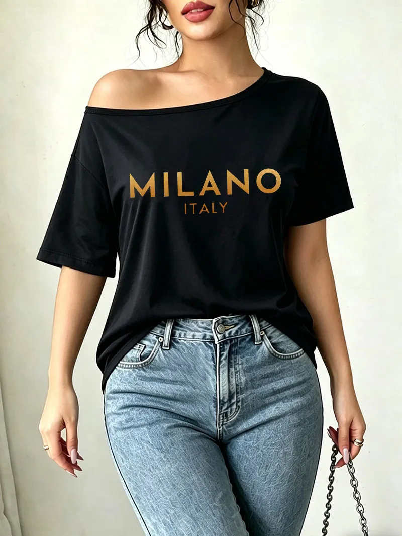 Y2K Fashion Milano Italy Letter Print Shoulder Loose T-shirt Graphic Tee Streetwear Women's Off Shoulder Top Girls Loose