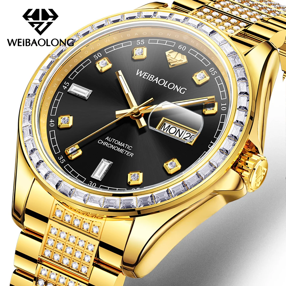 WEIBAOLONG Imported Movement Luxury Automatic Mechanical Watch 50M Waterproof Real Gold Diamond Watches for Man Gifts Box 3815