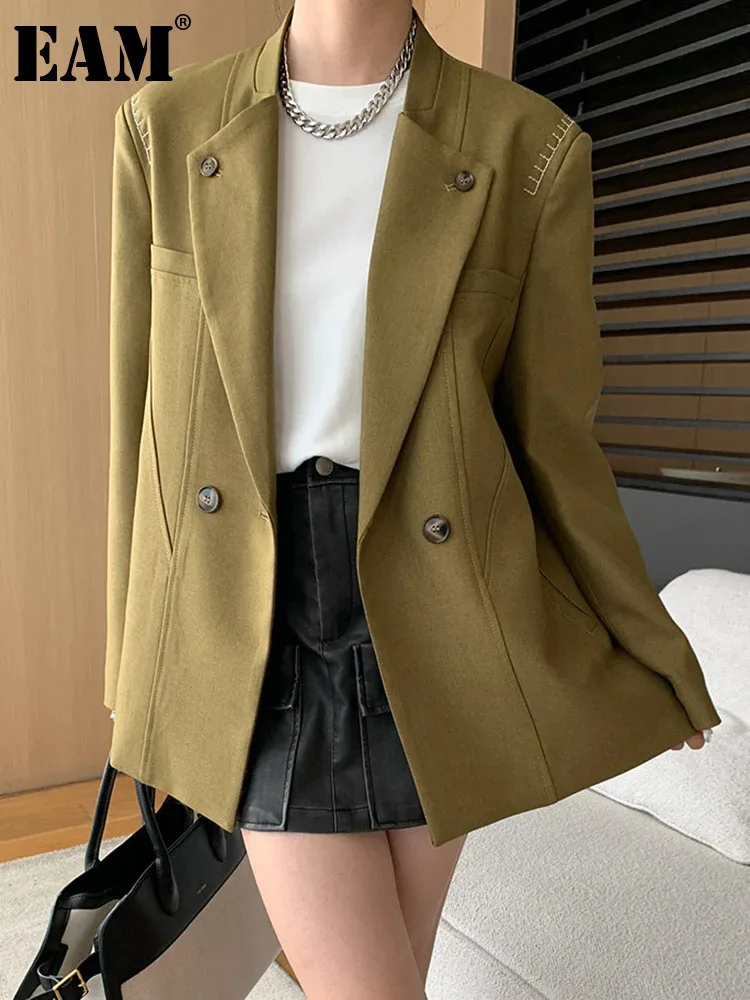 [EAM] Women Khaki Topstitched Big Size Elegant Blazer New Lapel Long Sleeve Jacket Fashion Tide Spring Autumn 2024 1DH7053