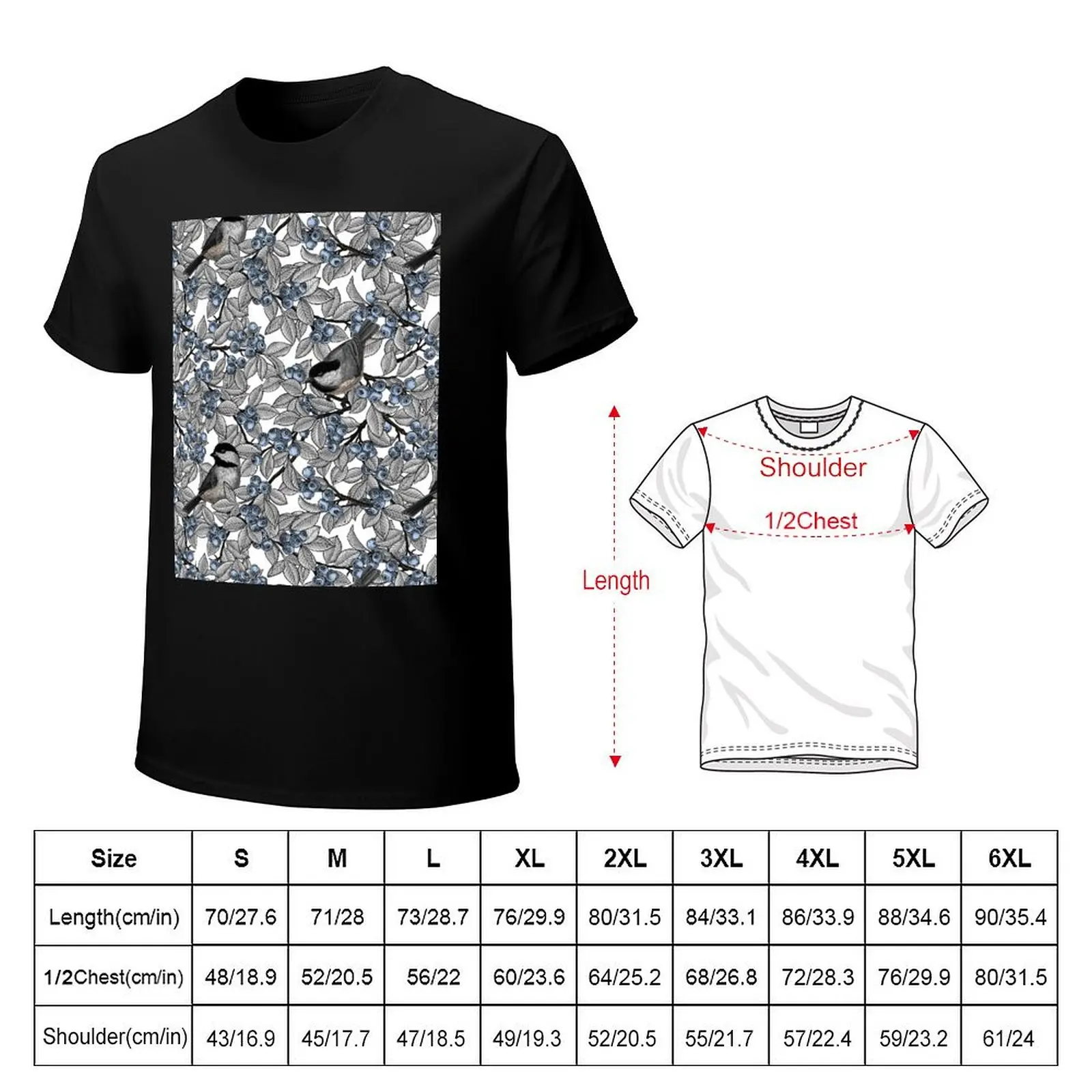 Chickadee birds on blueberry branches, gray leaves colorway T-Shirt Plus Size Basic Short Sleeve Top