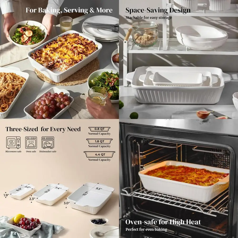 

Oven-Safe Ceramic Bakeware Set, 3-Piece, Including Deep Lasagna & Rectangular Pans, Soft White, Ideal for Baking and Casseroles