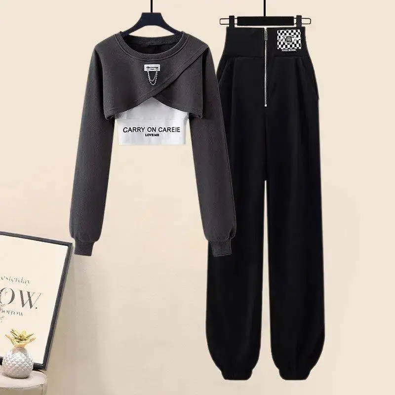 Korean Fashion Women's Tracksuit Suit 2024 Three Piece Set Spring Autumn New Matching Sets Short Sweater+Sport Sling+Trousers