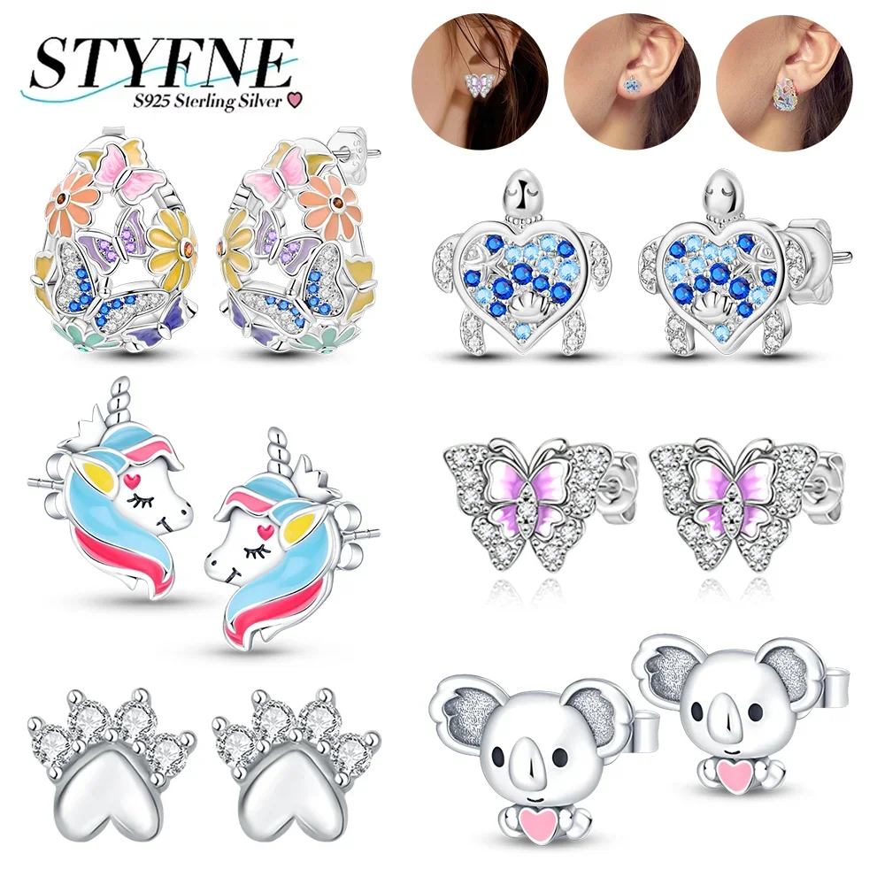 

925 Silver Zircon Turtle Butterfly Koala Cat Claw Love Stud Earrings for Women Engagement Birthday Fine Jewelry Gift
