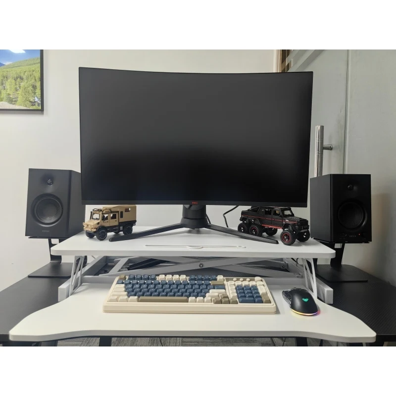 32 Inch Desk Converter Height Adjustable Sit To Stand Riser Dual Monitor And Laptop Workstation With Wide Keyboard Tray (White)