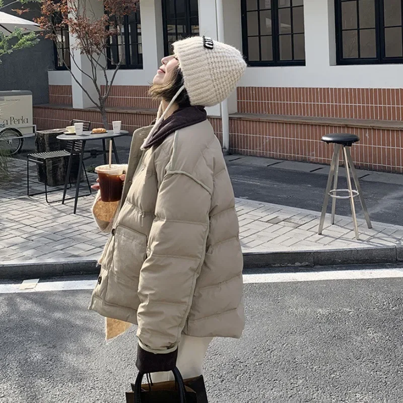 Chic Patchwork Cropped Jacket Autumn Winter Women Cotton-padded Jacket Lightweight Coat Pocket Long Sleeve Warm Design Coats