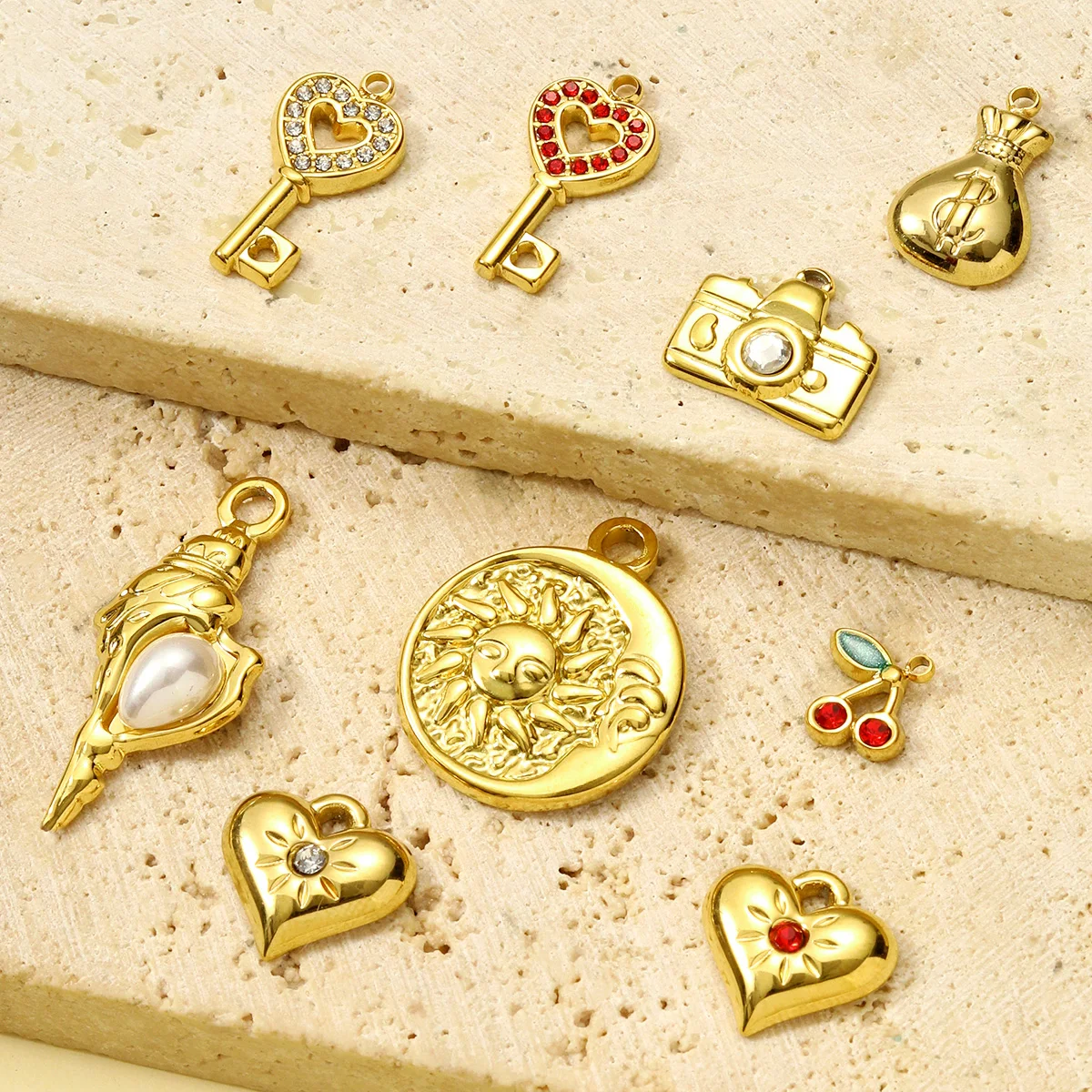 3pcs/Lot Stainless Steel Rhinestone Camera Heart Key Conch Cherry Charms for Women DIY Jewelry Bracelet Pendants