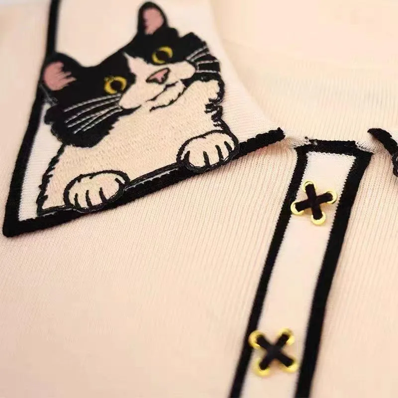 Women Sweater Summer Spring Cat Embroidery Short Sleeve Knit Pullover Chic Korean Popular Clothes