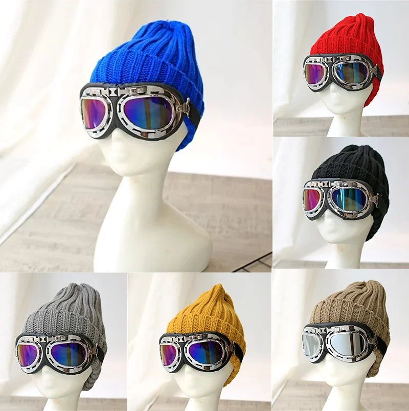 Knitted Beanie Glasses Pilot Hat Vintage Hat Outdoor Warm Hat Women's Winter Fashion Ski Hat Ski Mask кепка мужская