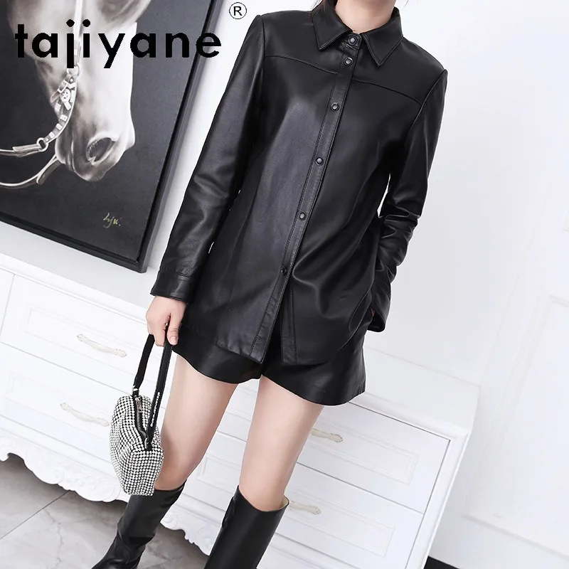 TAJIYANE 100% Top Layer Sheepskin Genuine Leather Jacket Women Long Sleeve Shirt Jacket Fitted Waist Outwear Lapel Jaqueta Chic