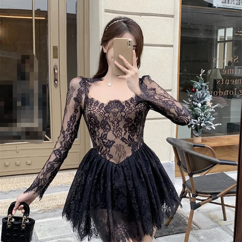 Ezgaga Square Collar Lace Mesh Patchwork Sexy Dresses Women High Waist Clubwear Long Sleeve Bodycon Ball Gown Dress Lady Fashion