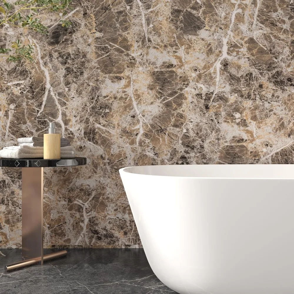 ورق جدران قابل للتقشير واللصق من الرخام البني المقاوم للماء، ورق اتصال رخامي صناعي سميك من الفينيل DIY لديكور المنزل