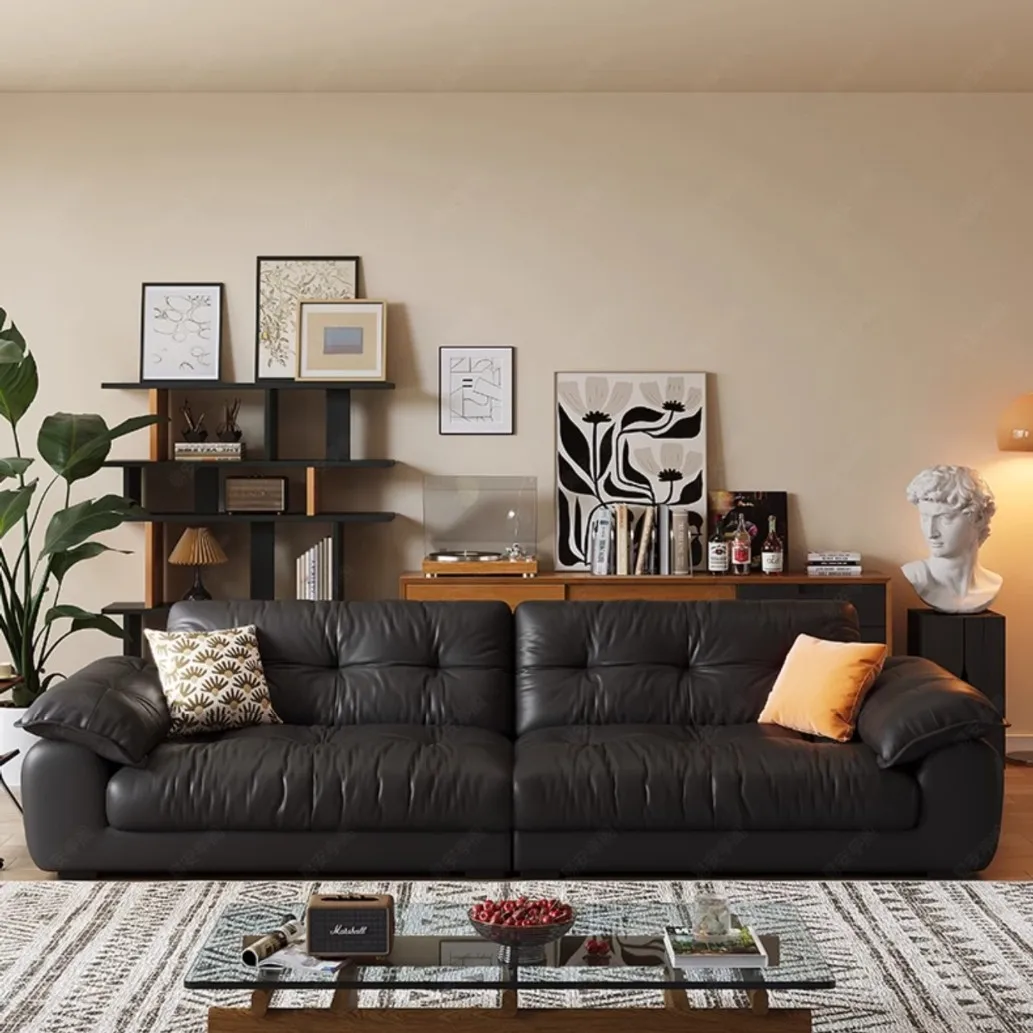 First layer real cowhide living room black straight row sofa