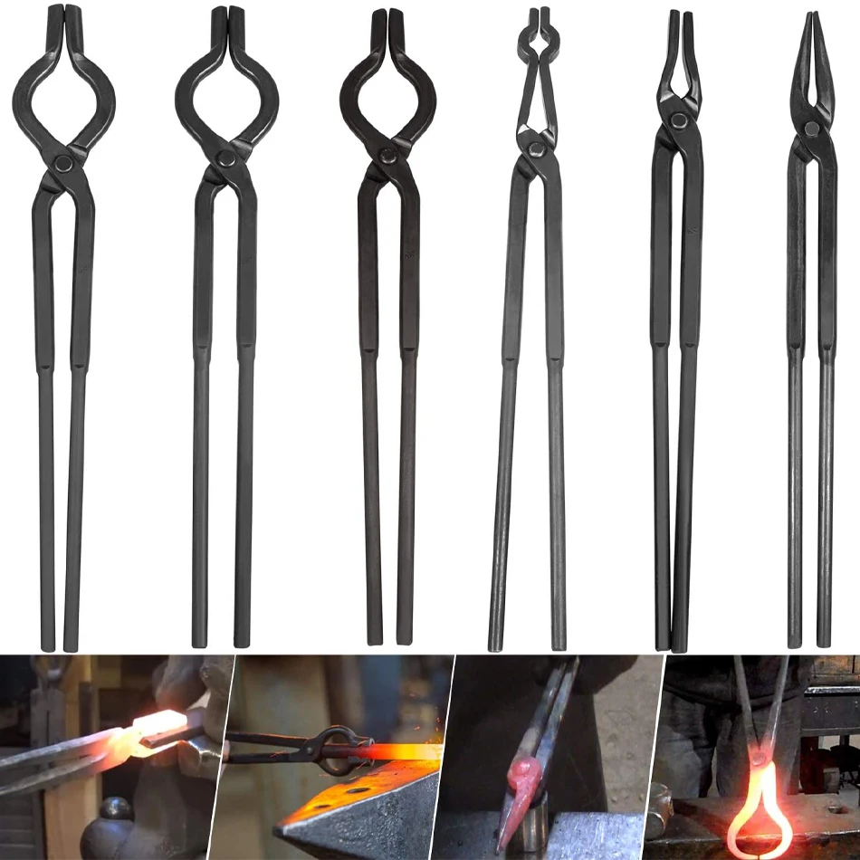 

6Pcs Beginner Blacksmith Tongs Blacksmith Forge Tong Tools Set Includes 3/8 1/2 5/8 V-Bit, 1/4 Flat Jaw, Pick Up, Scroll Tongs