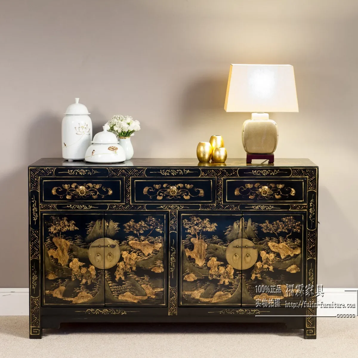 

Chinese solid wood retro old furniture black painted gold sideboard porch sideboard imitation classical elm shoe cabinet high-en
