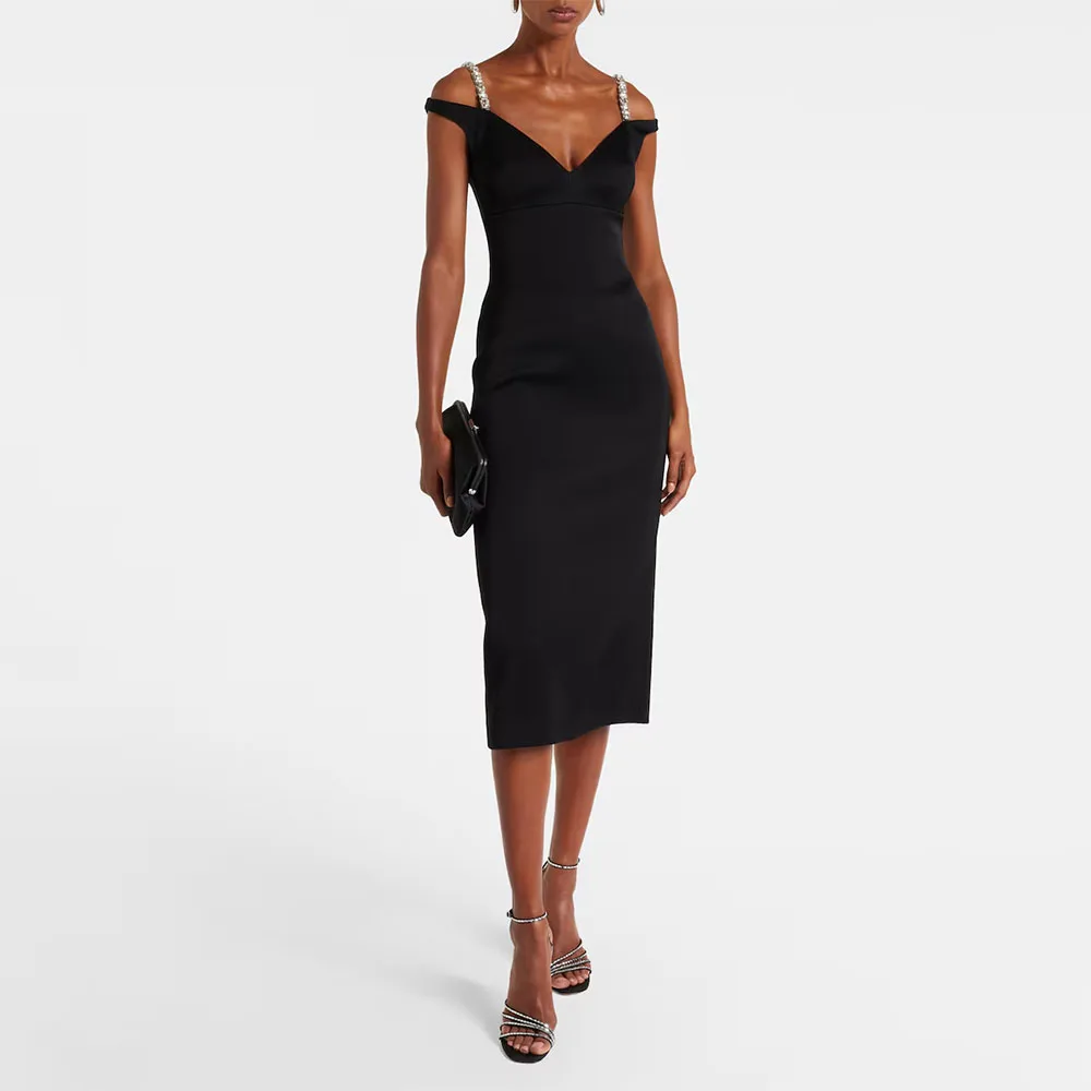 

Black Women's Evening Gown Sheath Tea Length Formal Party Dress Straps Beading Sleeveless Saudi Dress Slit Prom Dress