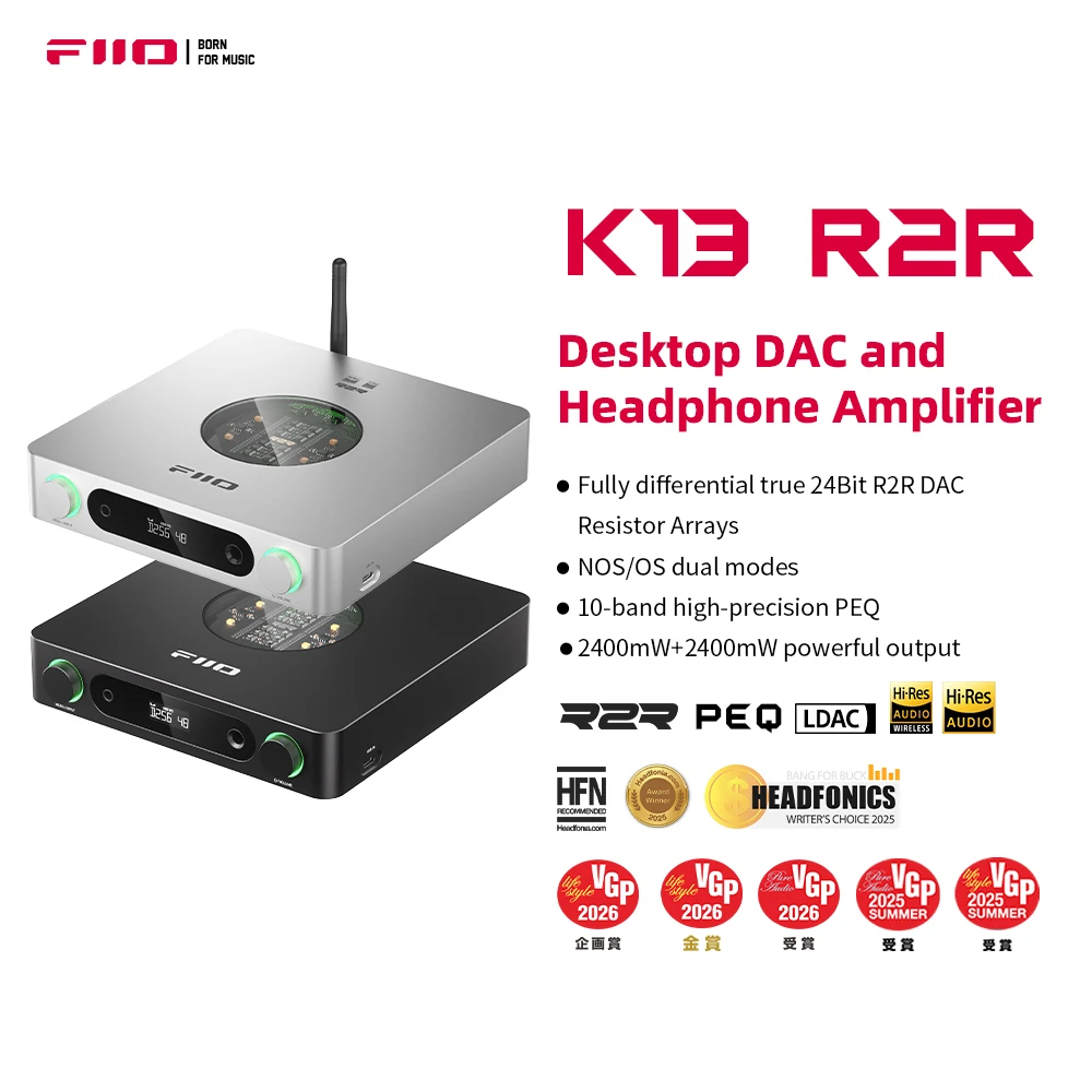 FiiO K13 R2R Desktop DAC & Headphone Amp, High-Fidelity 24Bit R2R DAC, Powerful 2400mW Output, LDAC Bluetooth Streaming,