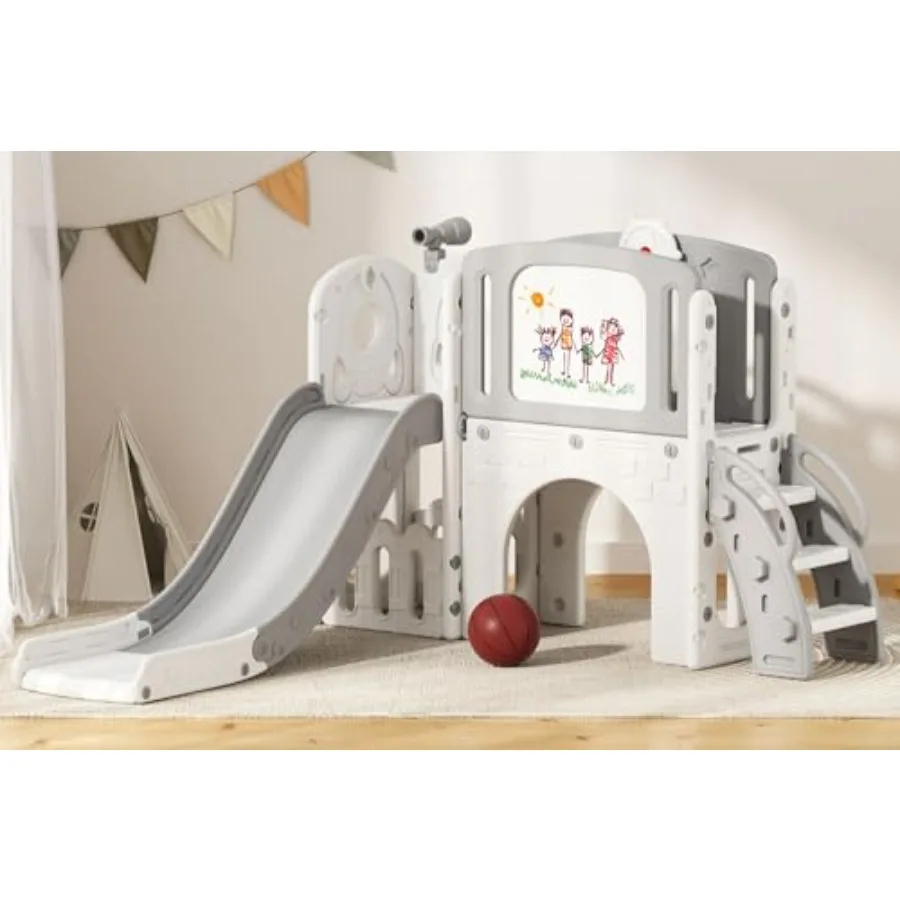 

Крытая уличная игровая площадка для малышей от 1 до 3 лет с альпинистом, баскетбольным кольцом, телескопом, доской для рисования и местом для хранения вещей