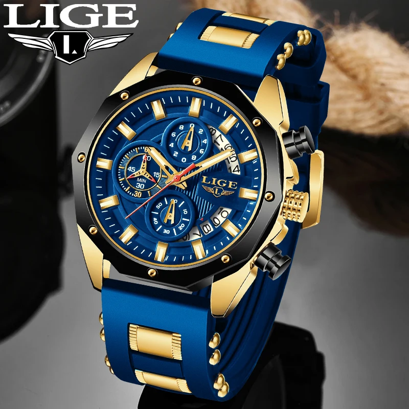 

NEW Fashion LIGE Luxury Quartz Man Watch Auto Date Waterproof Casual Sport Watches for Men Silicone Strap Clock Wristwatches+Box