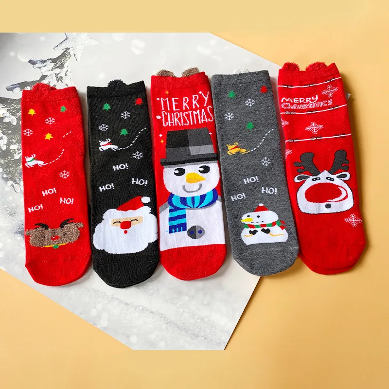 

Chirstmas Socks 5 Pairs Women Funny Stereoscopic Ear Socks Snowman Elk Santa Claus Warm Medium Length Socks X-mas Gifts