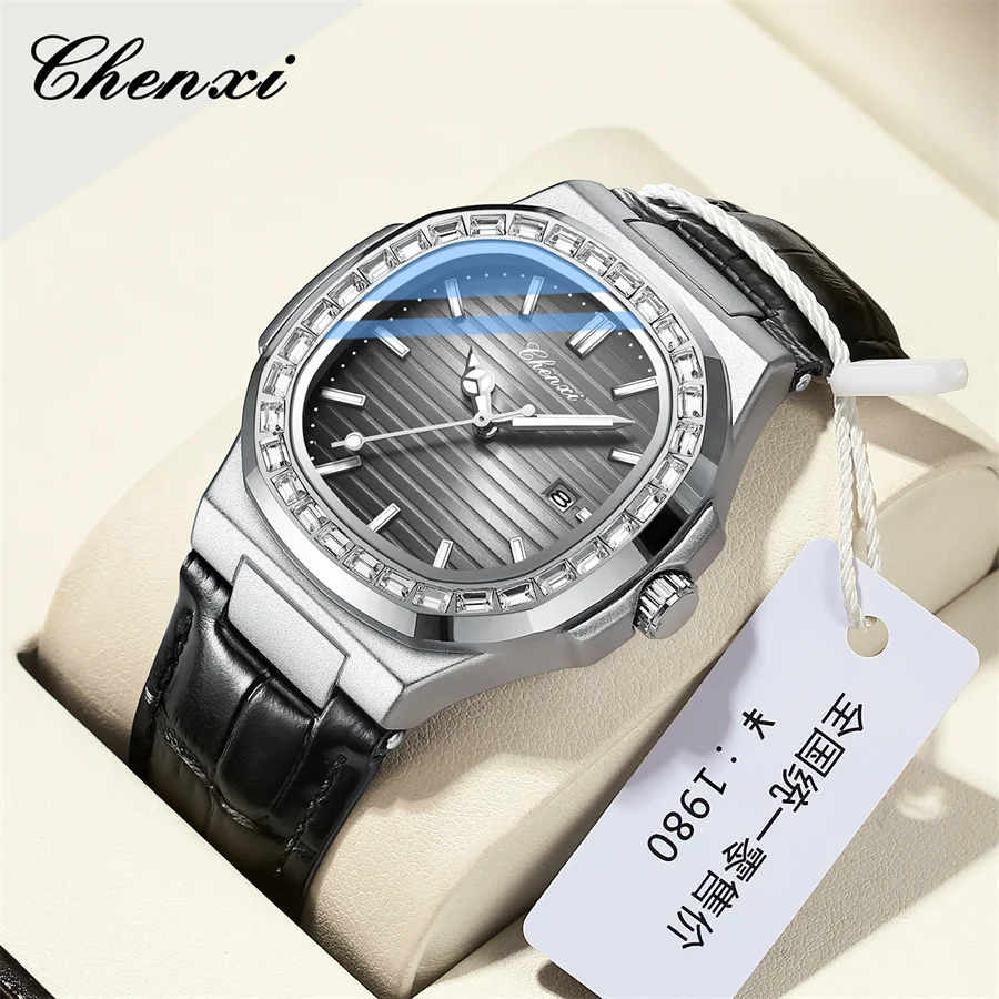 Chenxi 8222S เพชรผู้ชายนาฬิกาควอตซ์หรูหรานาฬิกาข้อมือหนังกันน้ําวันที่ชายนาฬิกานาฬิกาของขวัญ