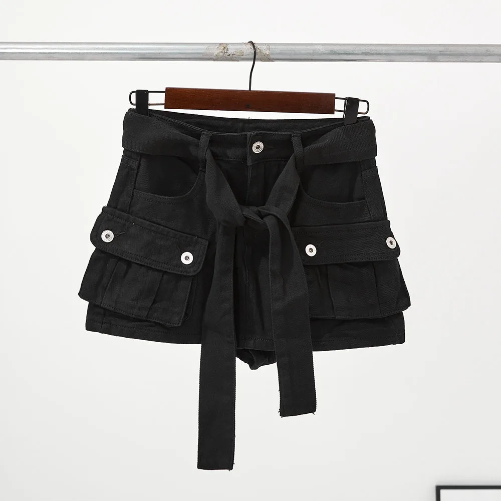 

STUDIO High Waist Denim Skirt with Belt ket Design Retro Sle Women's Casual Cotton Workwear Skirt